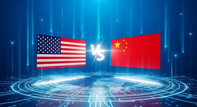 Usa versus china flags on digital background representing trade war - Powered by Adobe