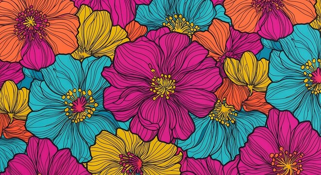 Vibrant Seamless Pattern of Hand-Drawn Outline Flowers in Bold Modern Colors.