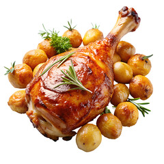 Roasted Turkey Leg with Potatoes and Rosemary Garnished with Herbs Delicious Holiday Meal on transparent background delicious roasted turkey leg surrounded roasted