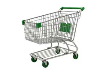 Isolated shopping cart for supermarket grocery with chrome metal structure wheels green