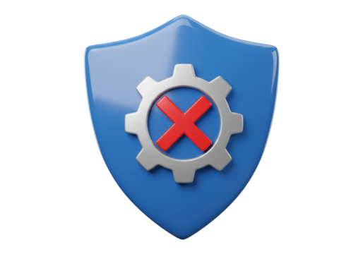 Isolated Shield with Gear and X Symbol Means Protection Failure Icon Graphic Sign