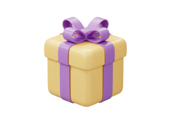 Isolated gift box with light yellow color and a purple ribbon and bow on top, celebration mood