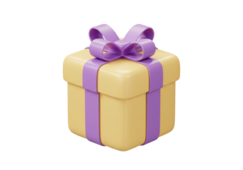 Isolated gift box with light yellow color and a purple ribbon and bow on top, celebration mood