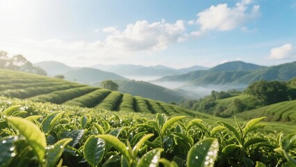 Lush green tea plantation with rolling hills and misty mountains under a bright blue sky