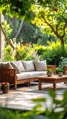 Fototapeta premium Relax on wooden lounge chairs in a peaceful garden patio