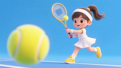 A cartoon girl playing tennis on a court with a ball in motion