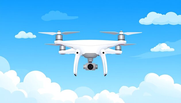 White Drone Soaring Above Fluffy Clouds in a Cerulean Sky
