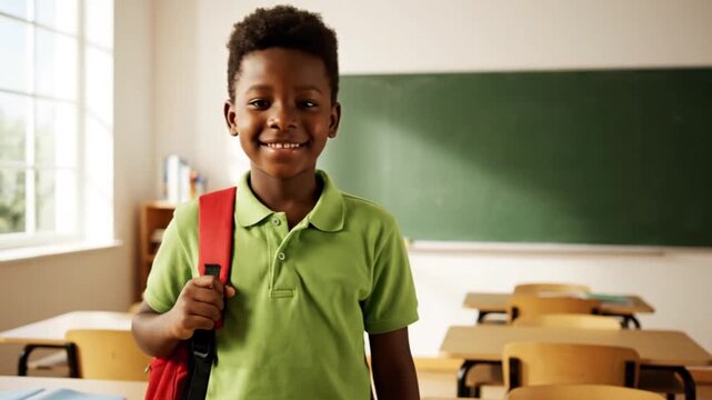Smiling young black boy wearing a green polo shirt and red backpack ready for school in an empty classroom with desks and a chalkboard