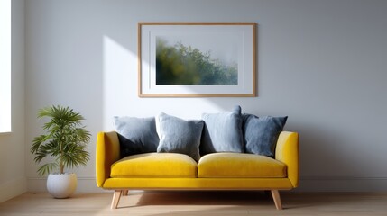 frame mockup on gallery wall, modern apartment interior, sunlight streaming