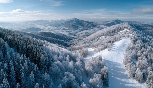 Aerial view of snow-covered mountain range, showcasing a vast expanse of frosted evergreen and deciduous trees under a clear, bright sky. Rolling hills and distant peaks are visible
