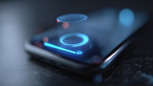 smartphone with AR holographic apps, neon glowing interface, futuristic mobile technology environment