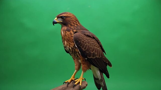 Majestic hawk perched on branch, poised for flight against vibrant green screen, capturing wild freedom and natural power.