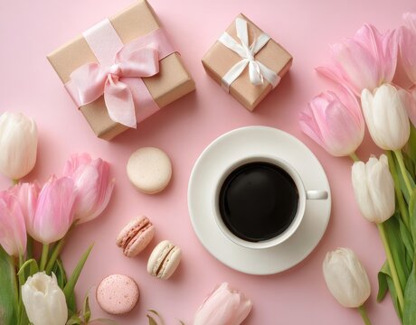 Flatlay of pink and white tulips, small gifts, macarons, and coffee on a pink background
