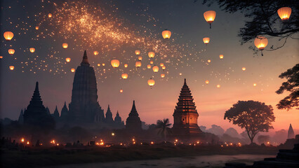 Magical night sky filled with glowing lanterns above ancient temples and silhouetted trees at sunset