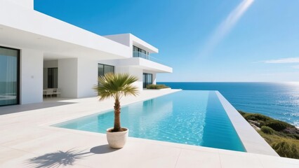 Modern white villa with infinity pool overlooking the ocean under a clear blue sky