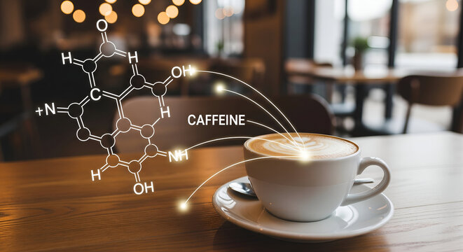 Energizing caffeine molecule connects to delicious latte art coffee in cafe - Powered by Adobe