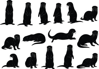 Obraz premium Otter silhouette collection, animal vector icons, wildlife poses, black otter shapes, nature illustration, isolated mammals, walking, sitting, standing, lying