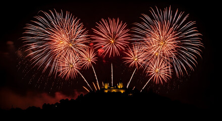 Spectacular Fireworks Display over City Skyline at Night Time Celebration