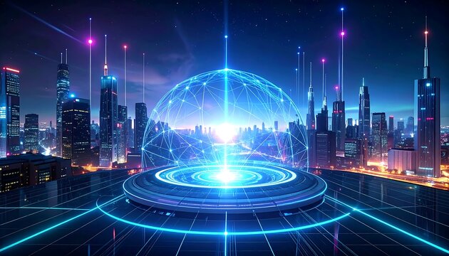 Futuristic cityscape with glowing network and energy dome. High-rise buildings connected by digital lines, with a central power source