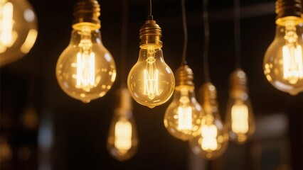 Hanging incandescent light bulbs glowing warmly in a dimly lit space