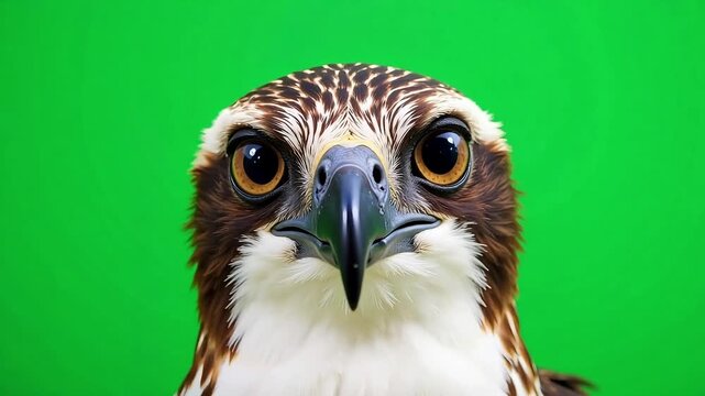 Intense close-up of a regal osprey's piercing gaze, its sharp beak and textured feathers rendered in stunning detail against a vibrant green screen background.