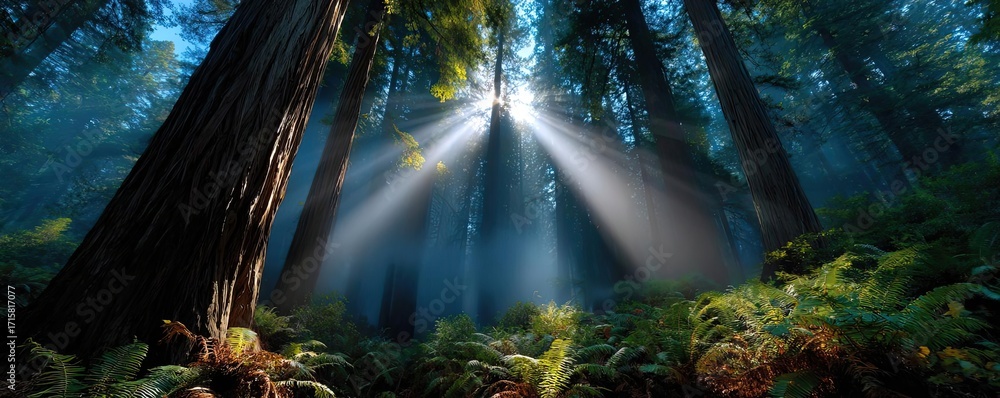 Poster sun shining through treetops with lens flare concept. majestic sunlight filters through towering tre