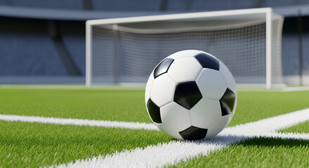 Soccer ball on a vibrant green field, ready for the big game in a stadium