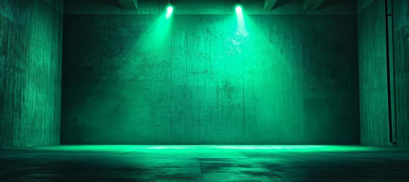 Green spotlight on dark empty horror room. Generative video AI technology.