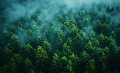 Aerial view of a dense forest blanketed in mist creating a serene and ethereal atmosphere with lush green trees