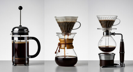 A side-by-side comparison of three popular coffee brewing methods: French press, pour-over, and siphon.