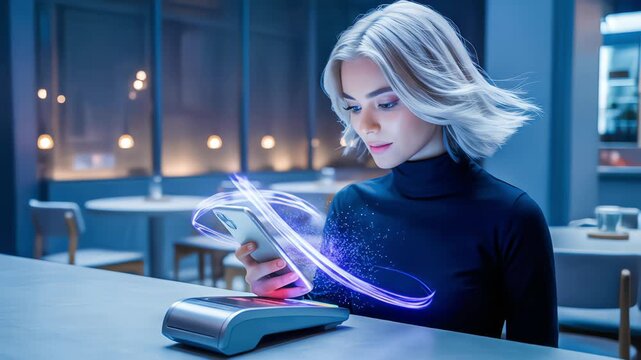 A futuristic woman makes a secure contactless payment with her smartphone, showing a glowing data transfer - Powered by Adobe