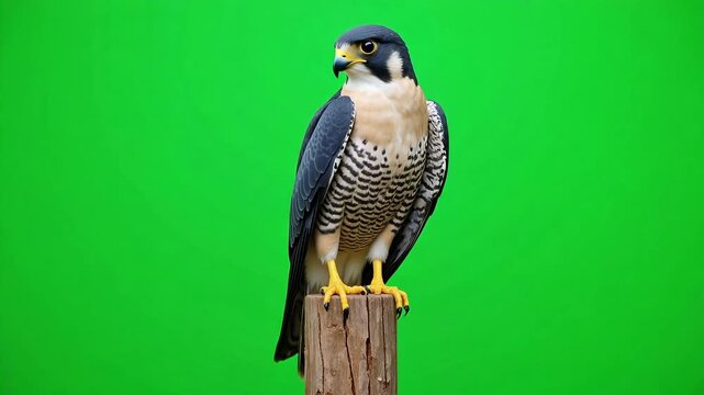 Majestic Peregrine falcon perched on a wooden post, ready for flight against a vibrant green screen background, symbolizing freedom and power.