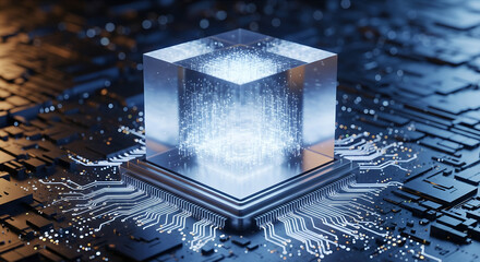 Futuristic glowing cube on circuit board, digital data flow visualization