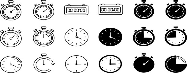 Stopwatch Vector Icon Set. Line and Solid Timer Symbol, and Time Measurement Illustration