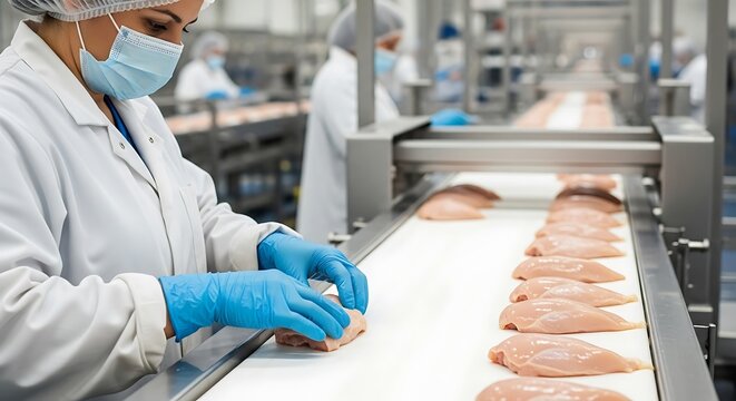 A worker in protective gear arranges raw chicken breasts on a factory conveyor belt.