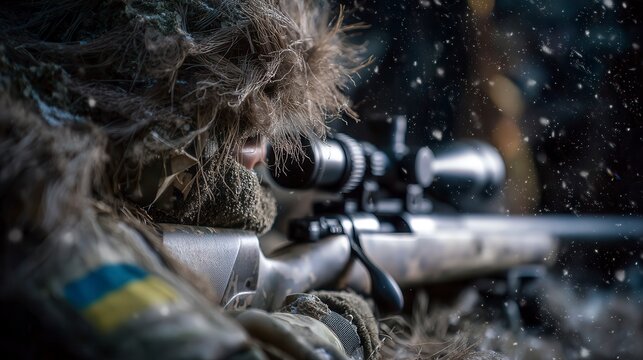 Focused military sniper in camouflage ghillie suit aiming rifle with scope during winter operation, snow falling in dark battlefield environment - Powered by Adobe