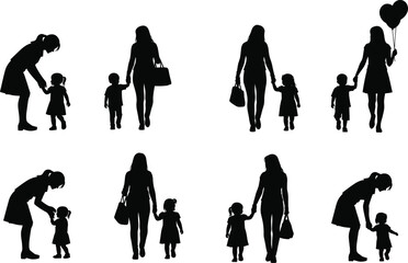 Parent child silhouette, black and white, adult with children, walking, talking, holding hands, family bond, care, love, parenting, guardian, relationship, emotional, vector art
