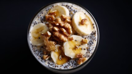 moody top view of overnight oats topped with bananas, walnuts, chia seeds, and drizzle of honey