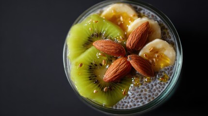 realistic top view of chia pudding with banana slices, kiwi, almonds, and honey drizzle