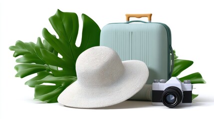 summer vacation clipart: sun hat, camera, luggage, tropical theme