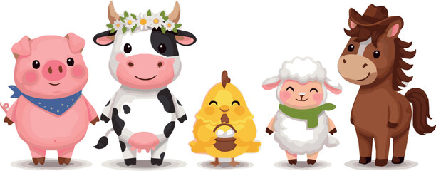 create Cute cartoon farm animals on white background.