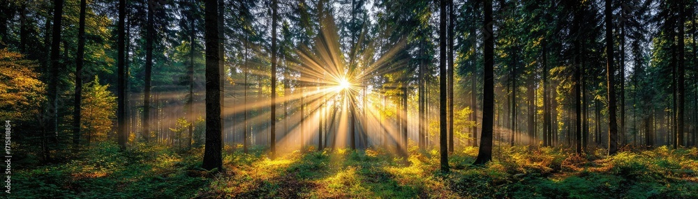 Aufkleber sun shining through treetops with lens flare concept. sunlight beams through a dense forest, creatin