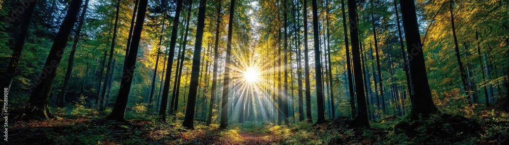 Poster sun shining through treetops with lens flare concept. sunlight filters through a vibrant forest, cre