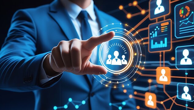 Businessman Interacting with Digital Interface for Team Management and Data Analytics Solutions in Futuristic Technology Environment Focusing on Collaboration and Growth