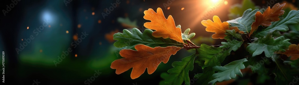 Poster sun shining through treetops with lens flare concept. close-up view of vibrant oak leaves illuminate