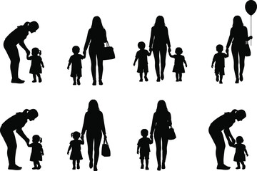 Parent child silhouette, black and white, family bond, adult with children, walking, talking, holding hands, vector art, minimal, isolated, care, love, parenting, guardian