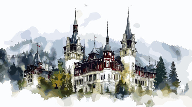 Peles Castle. Peles Castle watercolor vector illustration