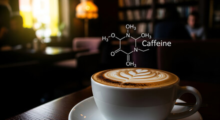 Caffeine molecule overlay on latte art coffee cup in cozy cafe setting