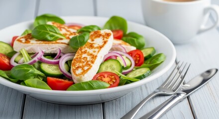 Greek salad presents freshness on a white plate