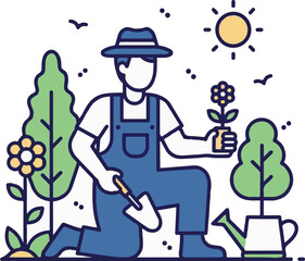 Person Gardening Outdoors with Shovel and Potted Flower